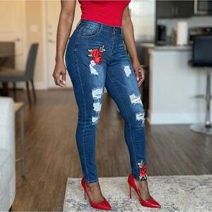 EUC- Distressed denim with embroidered 🥀 rose design.